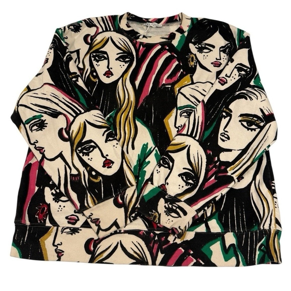 ZARA Women's Graphic Print Sweatshirt Medium Cream Pullover ECU